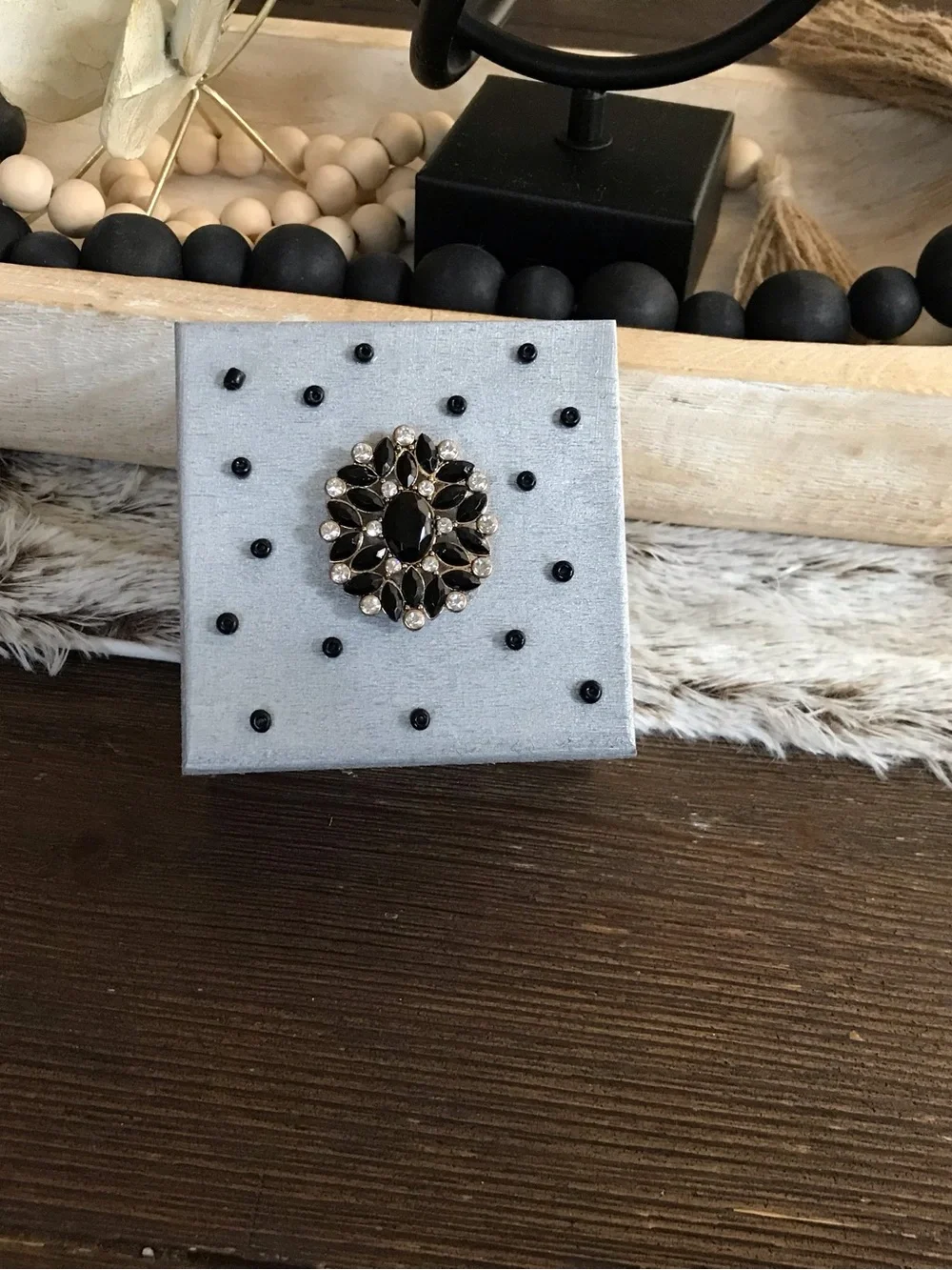 Hand crafted wooden silver trinket box with rhinestone flower lid